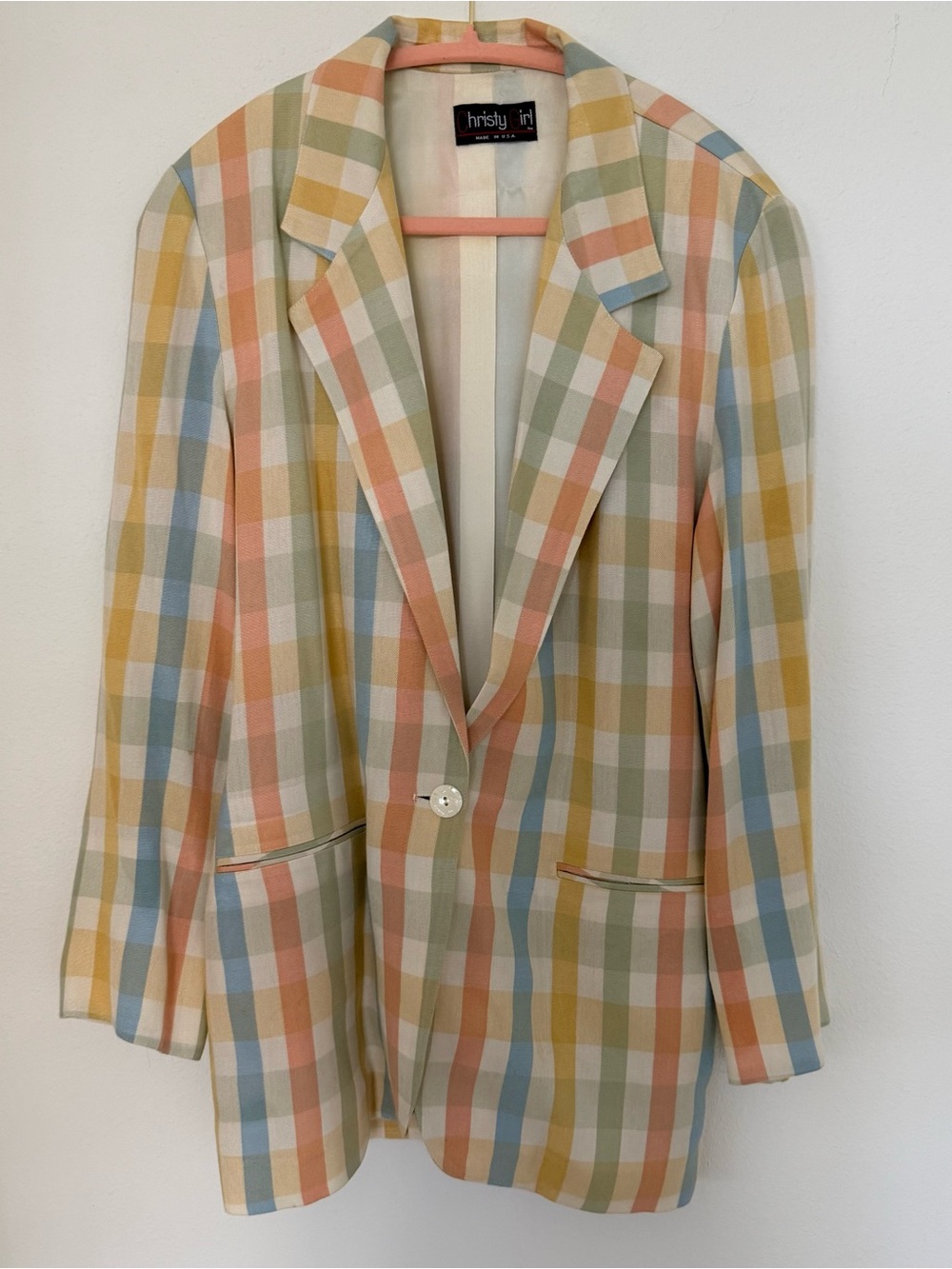 Vintage Christy Girl Pastel Plaid Rayon Blazer Made in USA Retro Spring Jacket